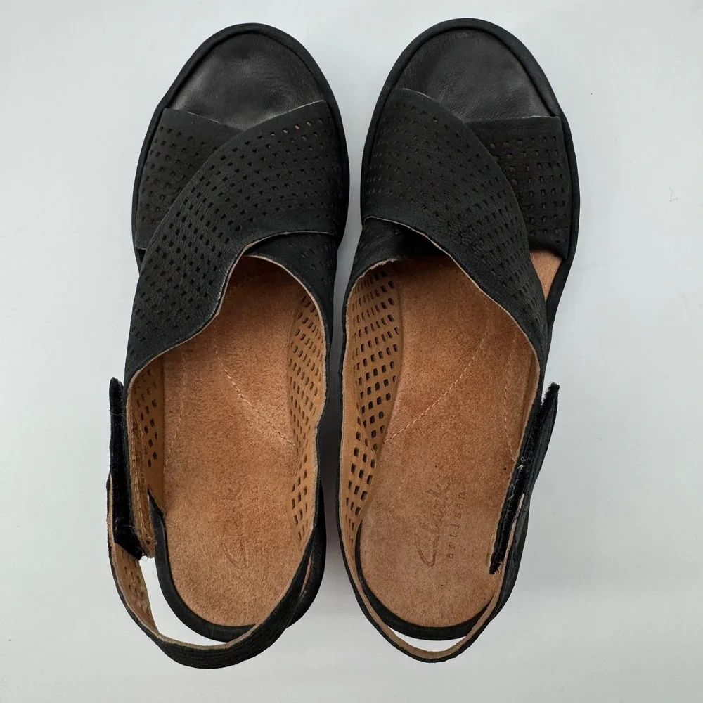 Clarks Artisan Reey Variel Wedge Sandals 7 Leather Perforated Slingback Comfort